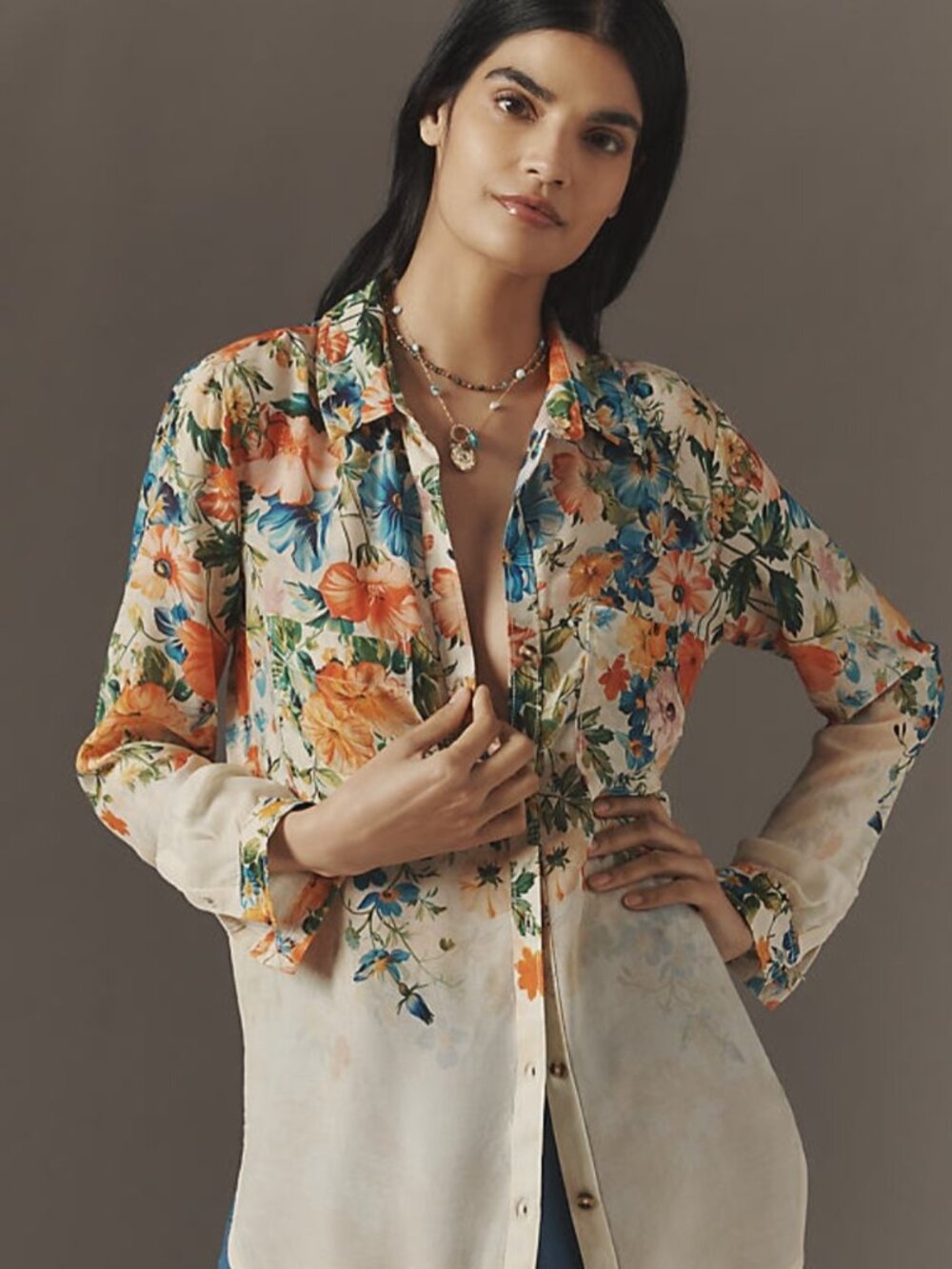 Pilcro Anthropologie NWT The Romy Relaxed Button down Shirt Ivory Floral size 3X